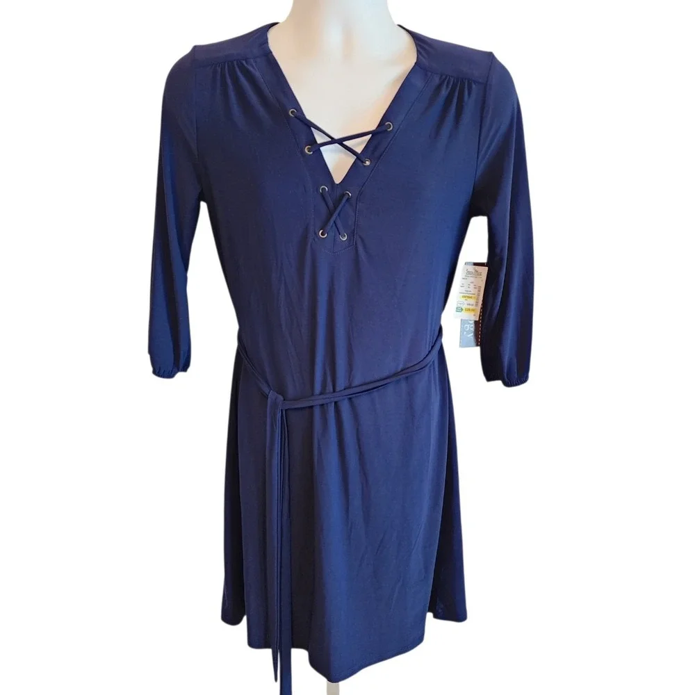 Luxology Navy Blue Lace Up Dress Womens Size 6 NWT Belted Free Ship - Picture 1 of 13